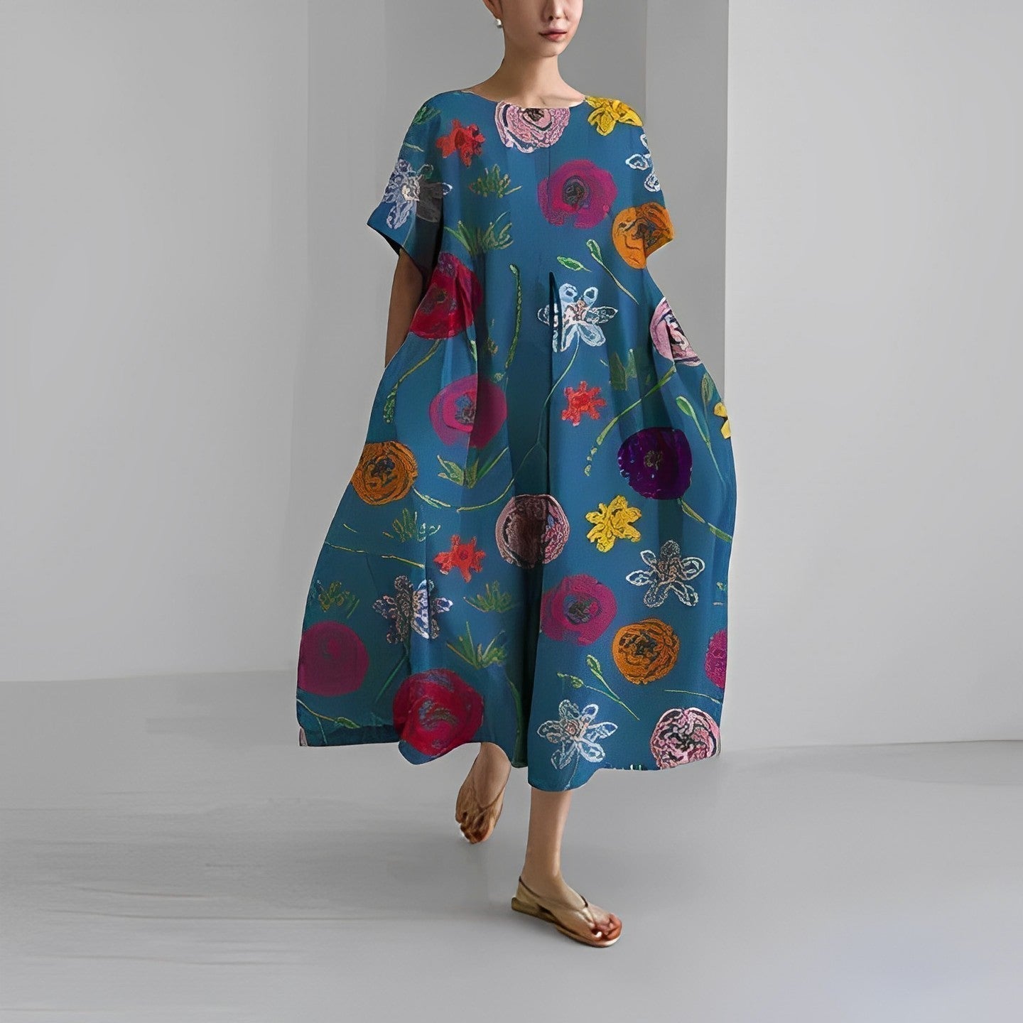 Blomsterprintet midi Fargekjole i myk bomull med lommer til dame