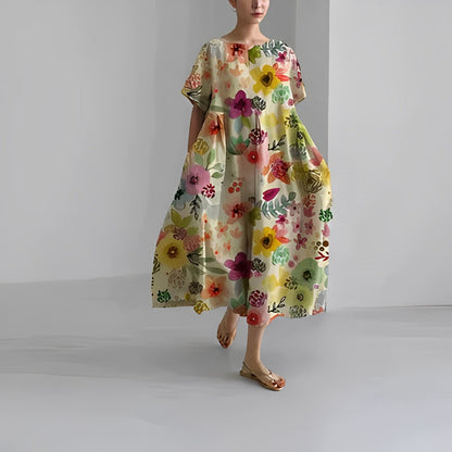 Blomsterprintet midi Fargekjole i myk bomull med lommer til dame