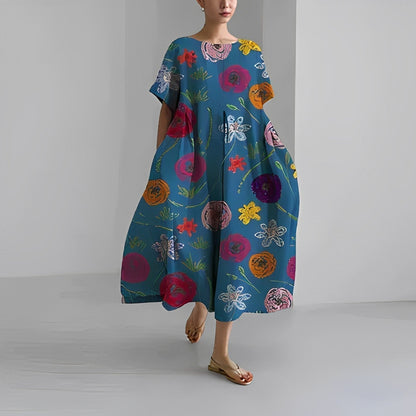 Blomsterprintet midi Fargekjole i myk bomull med lommer til dame